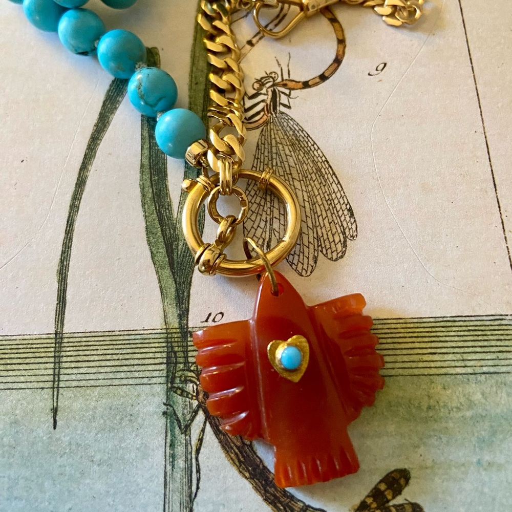 Tova Malibu - Carnelian With Turquoise Heart Bezel Thunderbird Pendant - Picture 11 of 11